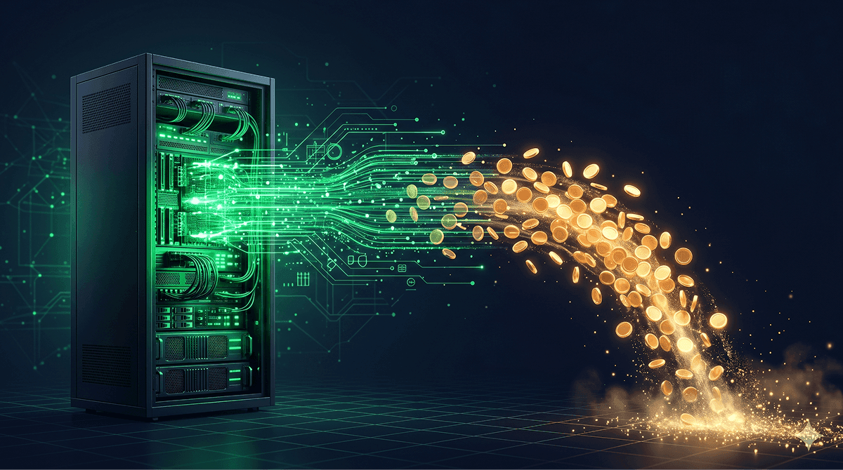 Grüne Datenströme fließen aus einem Server-Rack und werden zu abfließenden Goldmünzen — die Kosten von AWS-S3-Egress