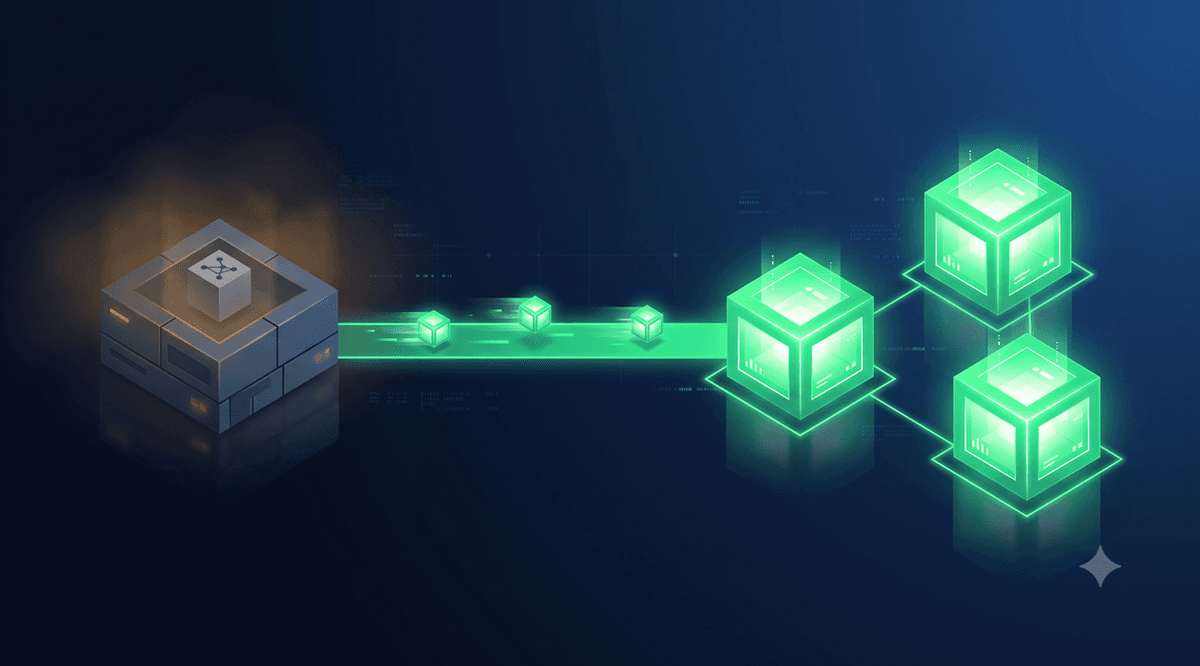 Illustration: virtual machines migrating from a legacy hypervisor to a three-node Proxmox VE cluster.